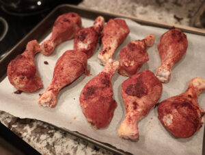 Chicken legs, prepped with a BBQ spice rub