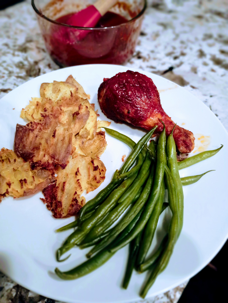 A simple dinner: BBQ Chicken Legs, Smashed Potatoes, and green beans