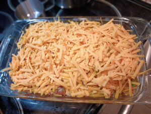 Vegetarian TexMex Rice Bake with cheese before baking